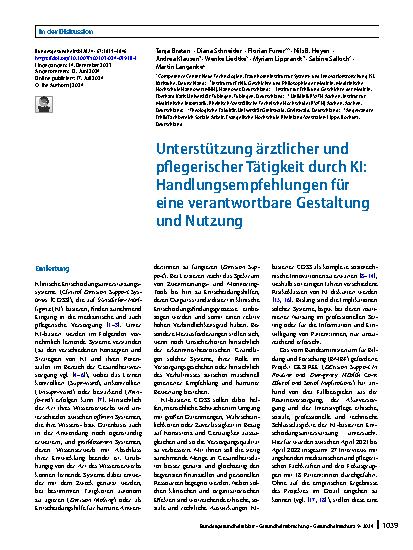 Vorschauseite 1: Unterstützung ärztlicher und pflegerischer Tätigkeit durch KI: Handlungsempfehlungen für eine verantwortbare Gestaltung und Nutzung