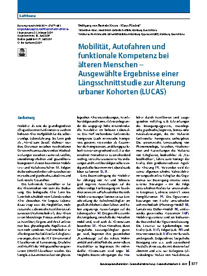 Vorschauseite 1: Mobilität, Autofahren und funktionale Kompetenz bei älteren Menschen – Ausgewählte Ergebnisse einer Längsschnittstudie zur Alterung urbaner Kohorten (LUCAS)