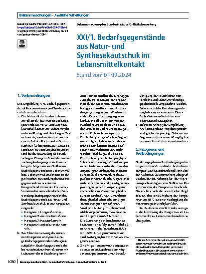 Vorschauseite 1: XXI/1. Bedarfsgegenstände aus Naturund Synthesekautschuk im Lebensmittelkontakt