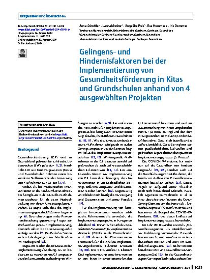Vorschauseite 1: Gelingensund Hindernisfaktoren bei der Implementierung von Gesundheitsförderung in Kitas und Grundschulen anhand von 4 ausgewählten Projekten