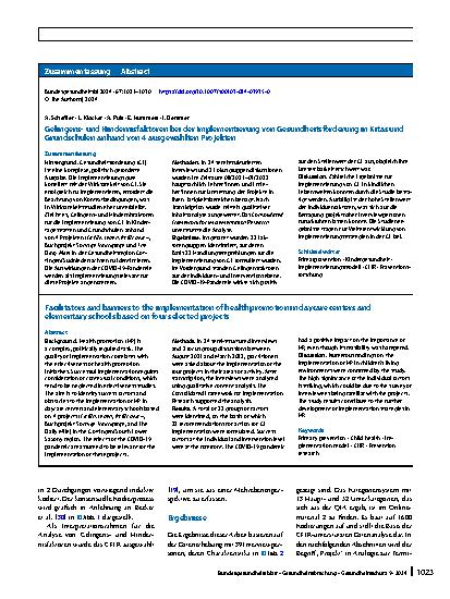 Vorschauseite 3: Gelingensund Hindernisfaktoren bei der Implementierung von Gesundheitsförderung in Kitas und Grundschulen anhand von 4 ausgewählten Projekten