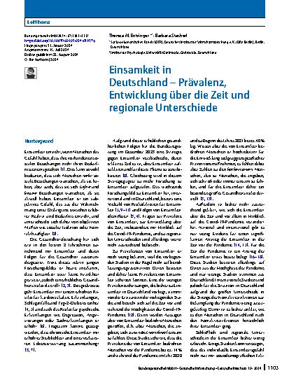 Vorschauseite 1: Einsamkeit in Deutschland – Prävalenz, Entwicklung über die Zeit und regionale Unterschiede