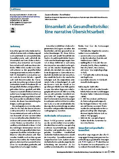 Vorschauseite 1: Einsamkeit als Gesundheitsrisiko: Eine narrative Übersichtsarbeit