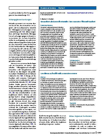 Vorschauseite 3: Einsamkeit als Gesundheitsrisiko: Eine narrative Übersichtsarbeit