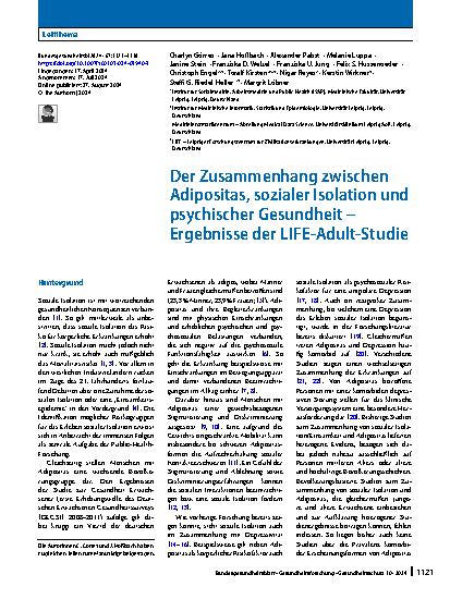 Vorschauseite 1: Der Zusammenhang zwischen Adipositas, sozialer Isolation und psychischer Gesundheit – Ergebnisse der LIFE-Adult-Studie