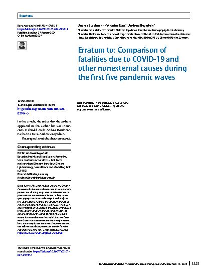 Vorschauseite 1: Erratum to: Comparison of fatalities due to COVID-19 and other nonexternal causes during the first five pandemic waves