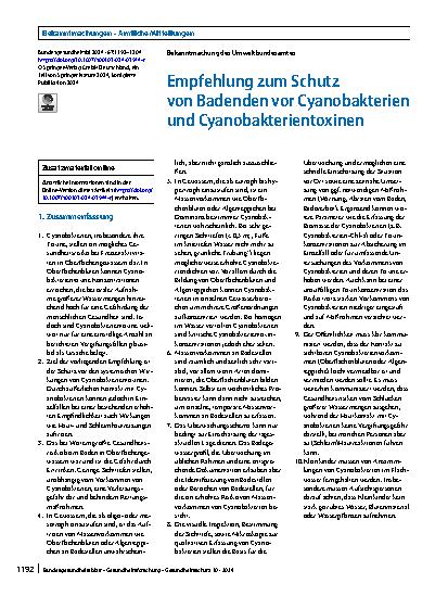 Vorschauseite 1: Empfehlung zum Schutz von Badenden vor Cyanobakterien und Cyanobakterientoxinen