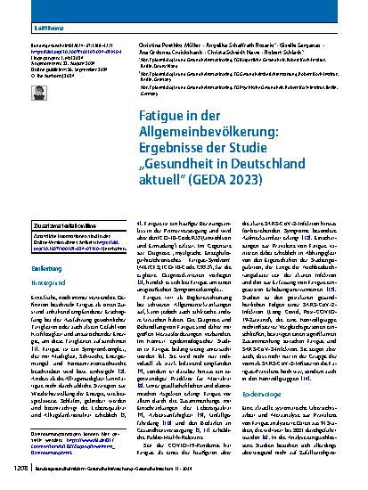 Vorschauseite 1: Fatigue in der Allgemeinbevölkerung: Ergebnisse der Studie „Gesundheit in Deutschland aktuell“ (GEDA 2023)