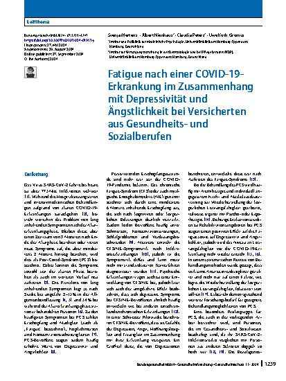 Vorschauseite 1: Fatigue nach einer COVID-19-Erkrankung im Zusammenhang mit Depressivität und Ängstlichkeit bei Versicherten aus Gesundheitsund Sozialberufen