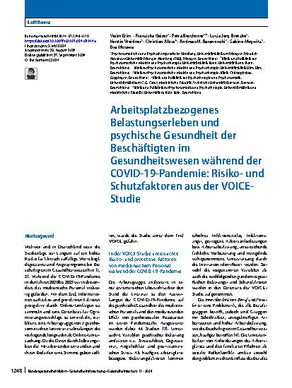 Vorschauseite 1: Arbeitsplatzbezogenes Belastungserleben und psychische Gesundheit der Beschäftigten im Gesundheitswesen während der COVID-19-Pandemie: Risikound Schutzfaktoren aus der VOICE-Studie