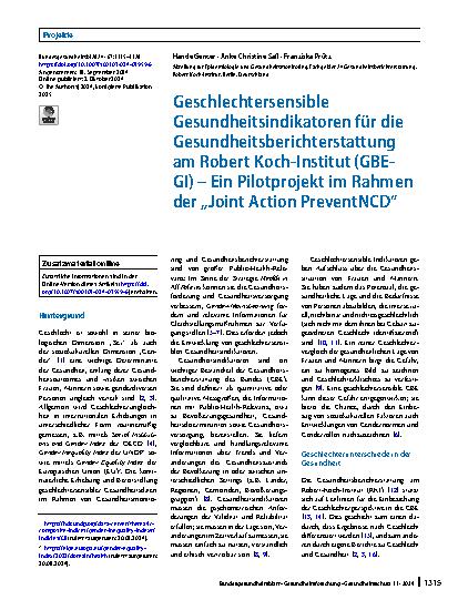 Vorschauseite 1: Geschlechtersensible Gesundheitsindikatoren für die Gesundheitsberichterstattung am Robert Koch-Institut (GBE-GI) – Ein Pilotprojekt im Rahmen der „Joint Action PreventNCD“