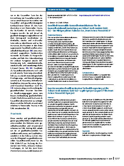 Vorschauseite 3: Geschlechtersensible Gesundheitsindikatoren für die Gesundheitsberichterstattung am Robert Koch-Institut (GBE-GI) – Ein Pilotprojekt im Rahmen der „Joint Action PreventNCD“
