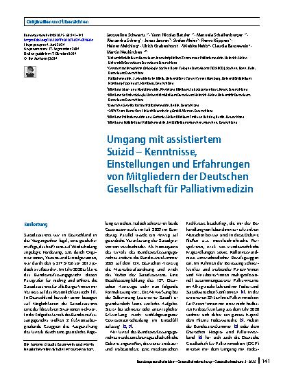 Vorschauseite 1: Umgang mit assistiertem Suizid – Kenntnisse, Einstellungen und Erfahrungen von Mitgliedern der Deutschen Gesellschaft für Palliativmedizin