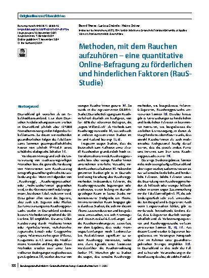 Vorschauseite 1: Methoden, mit dem Rauchen aufzuhören – eine quantitative Online-Befragung zu förderlichen und hinderlichen Faktoren (RauS-Studie)