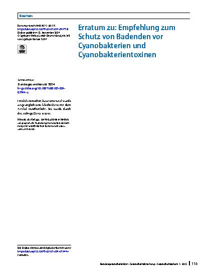 Vorschauseite 1: Erratum zu: Empfehlung zum Schutz von Badenden vor Cyanobakterien und Cyanobakterientoxinen