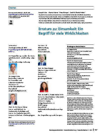 Vorschauseite 1: Erratum zu: Einsamkeit: Ein Begriff für viele Wirklichkeiten