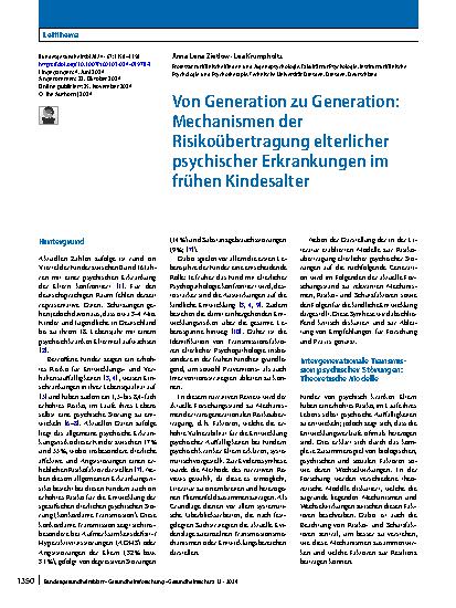 Vorschauseite 1: Von Generation zu Generation: Mechanismen der Risikoübertragung elterlicher psychischer Erkrankungen im frühen Kindesalter