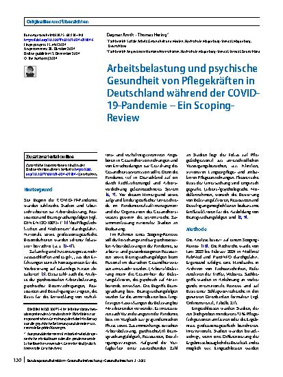 Vorschauseite 1: Arbeitsbelastung und psychische Gesundheit von Pflegekräften in Deutschland während der COVID-19-Pandemie – Ein Scoping-Review