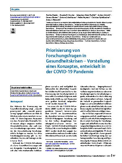 Vorschauseite 1: Priorisierung von Forschungsfragen in Gesundheitskrisen – Vorstellung eines Konzeptes, entwickelt in der COVID-19 Pandemie