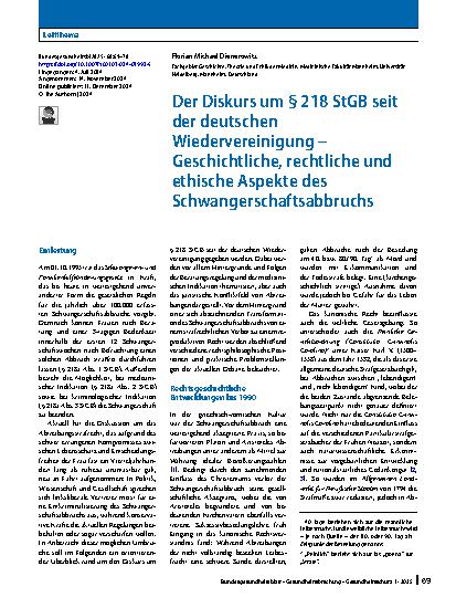 Vorschauseite 1: Der Diskurs um § 218 StGB seit der deutschen Wiedervereinigung – Geschichtliche, rechtliche und ethische Aspekte des Schwangerschaftsabbruchs