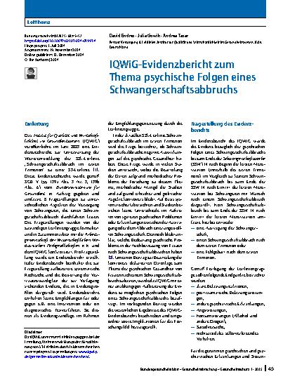 Vorschauseite 1: IQWiG-Evidenzbericht zum Thema psychische Folgen eines Schwangerschaftsabbruchs