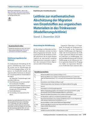 Vorschauseite 1: Leitlinie zur mathematischen Abschätzung der Migration von Einzelstoffen aus organischen Materialien in das Trinkwasser (Modellierungsleitlinie)