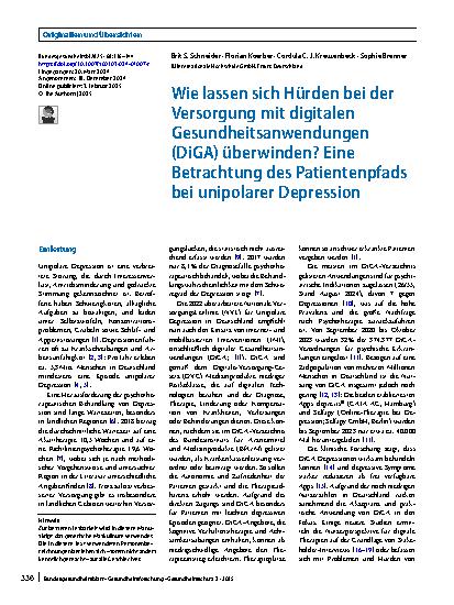 Vorschauseite 1: Wie lassen sich Hürden bei der Versorgung mit digitalen Gesundheitsanwendungen (DiGA) überwinden? Eine Betrachtung des Patientenpfads bei unipolarer Depression