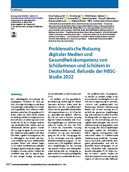 Vorschauseite 1: Problematische Nutzung digitaler Medien und Gesundheitskompetenz von Schülerinnen und Schülern in Deutschland. Befunde der HBSC-Studie 2022