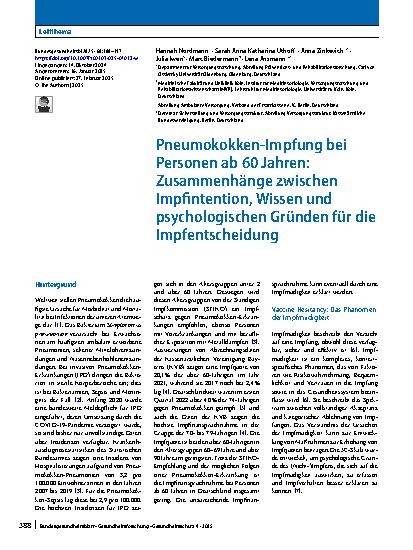 Vorschauseite 1: Pneumokokken-Impfung bei Personen ab 60 Jahren: Zusammenhänge zwischen Impfintention, Wissen und psychologischen Gründen für die Impfentscheidung