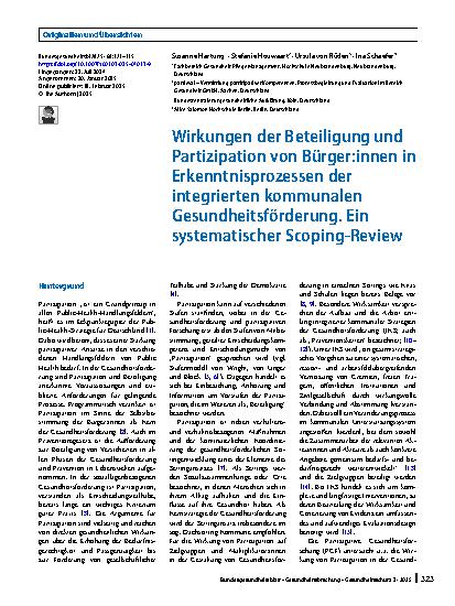 Vorschauseite 1: Wirkungen der Beteiligung und Partizipation von Bürger:innen in Erkenntnisprozessen der integrierten kommunalen Gesundheitsförderung. Ein systematischer Scoping-Review