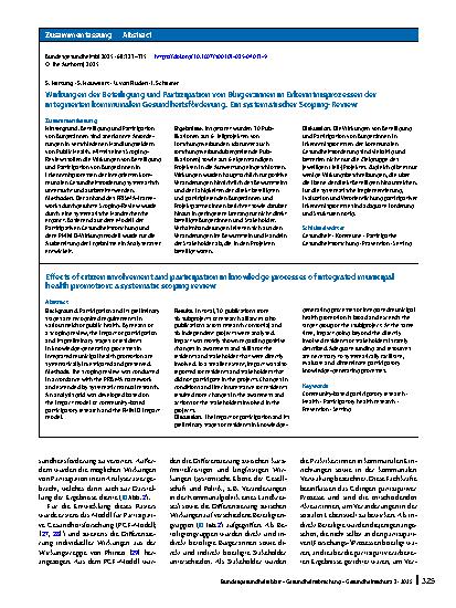 Vorschauseite 3: Wirkungen der Beteiligung und Partizipation von Bürger:innen in Erkenntnisprozessen der integrierten kommunalen Gesundheitsförderung. Ein systematischer Scoping-Review
