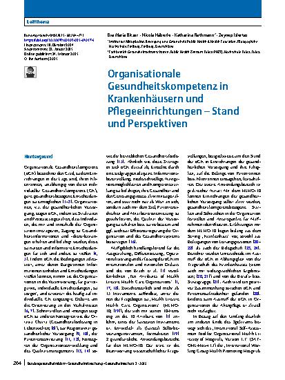 Vorschauseite 1: Organisationale Gesundheitskompetenz in Krankenhäusern und Pflegeeinrichtungen – Stand und Perspektiven