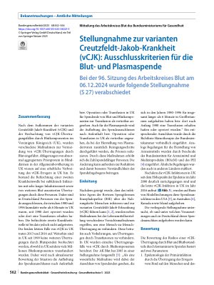 Vorschauseite 1: Stellungnahme zur varianten Creutzfeldt-Jakob-Krankheit (vCJK): Ausschlusskriterien für die Blutund Plasmaspende