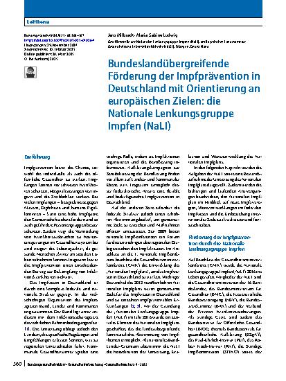 Vorschauseite 1: Bundeslandübergreifende Förderung der Impfprävention in Deutschland mit Orientierung an europäischen Zielen: die Nationale Lenkungsgruppe Impfen (NaLI)