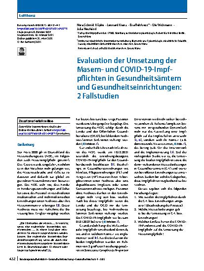 Vorschauseite 1: Evaluation der Umsetzung der Masernund COVID-19‑Impfpflichten in Gesundheitsämtern und Gesundheitseinrichtungen: 2 Fallstudien