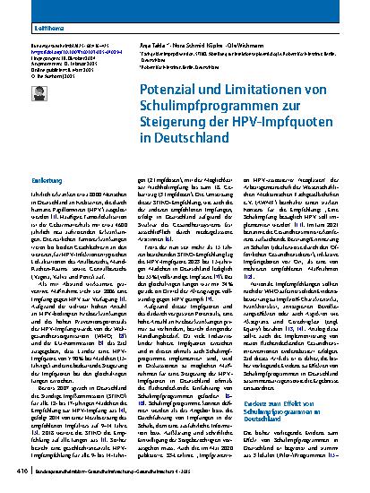 Vorschauseite 1: Potenzial und Limitationen von Schulimpfprogrammen zur Steigerung der HPV-Impfquoten in Deutschland