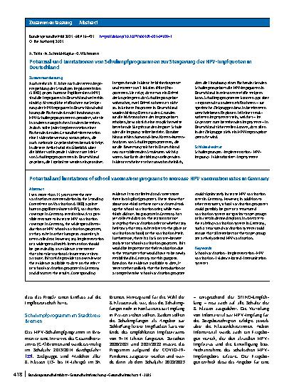 Vorschauseite 3: Potenzial und Limitationen von Schulimpfprogrammen zur Steigerung der HPV-Impfquoten in Deutschland