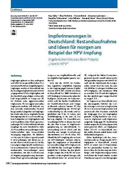 Vorschauseite 1: Impferinnerungen in Deutschland: Bestandsaufnahme und Ideen für morgen am Beispiel der HPV-Impfung