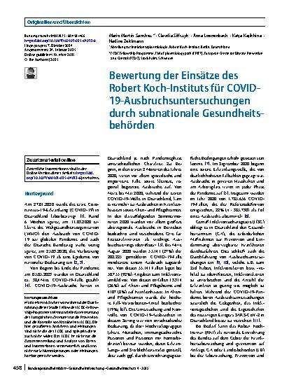 Vorschauseite 1: Bewertung der Einsätze des Robert Koch-Instituts für COVID-19-Ausbruchsuntersuchungen durch subnationale Gesundheitsbehörden