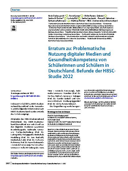Vorschauseite 1: Erratum zu: Problematische Nutzung digitaler Medien und Gesundheitskompetenz von Schülerinnen und Schülern in Deutschland. Befunde der HBSC-Studie 2022