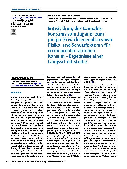Vorschauseite 1: Entwicklung des Cannabiskonsums vom Jugendzum jungen Erwachsenenalter sowie Risikound Schutzfaktoren für einen problematischen Konsum – Ergebnisse einer Längsschnittstudie