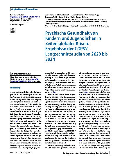 Vorschauseite 1: Psychische Gesundheit von Kindern und Jugendlichen in Zeiten globaler Krisen: Ergebnisse der COPSY-Längsschnittstudie von 2020 bis 2024