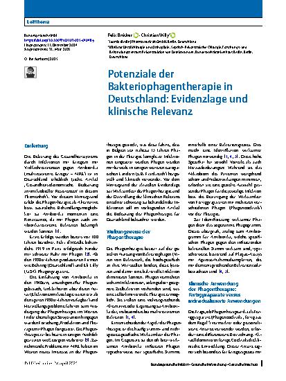 Vorschauseite 1: Potenziale der Bakteriophagentherapie in Deutschland: Evidenzlage und klinische Relevanz