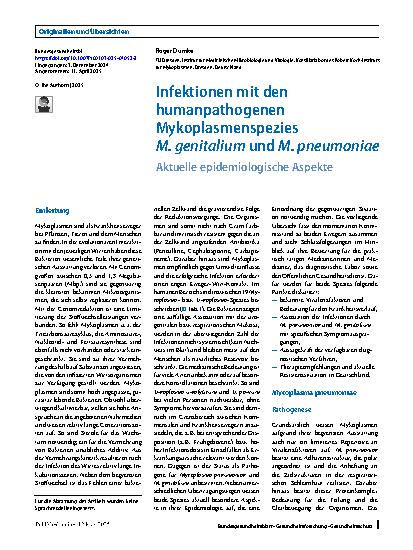 Vorschauseite 1: Infektionen mit den humanpathogenen Mykoplasmenspezies M. genitalium und M. pneumoniae