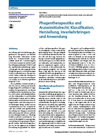Vorschauseite 1: Phagentherapeutika und Arzneimittelrecht: Klassifikation, Herstellung, Inverkehrbringen und Anwendung