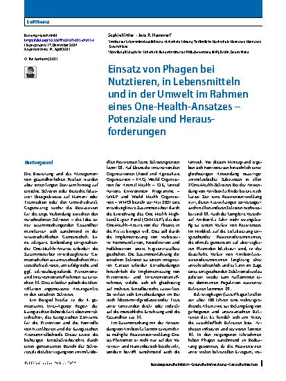 Vorschauseite 1: Einsatz von Phagen bei Nutztieren, in Lebensmitteln und in der Umwelt im Rahmen eines One-Health-Ansatzes – Potenziale und Herausforderungen