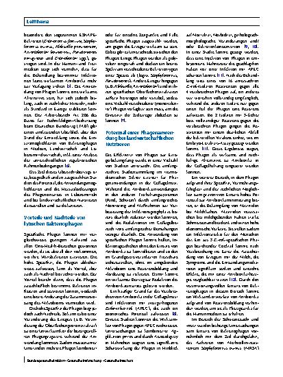 Vorschauseite 2: Einsatz von Phagen bei Nutztieren, in Lebensmitteln und in der Umwelt im Rahmen eines One-Health-Ansatzes – Potenziale und Herausforderungen