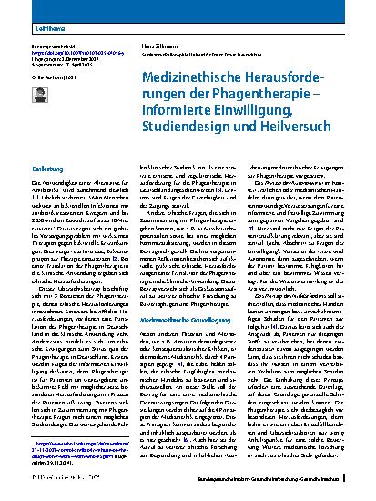 Vorschauseite 1: Medizinethische Herausforderungen der Phagentherapie – informierte Einwilligung, Studiendesign und Heilversuch