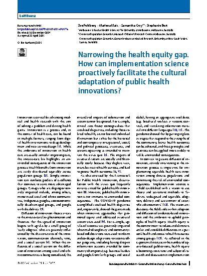 Vorschauseite 1: Narrowing the health equity gap. How can implementation science proactively facilitate the cultural adaptation of public health innovations?