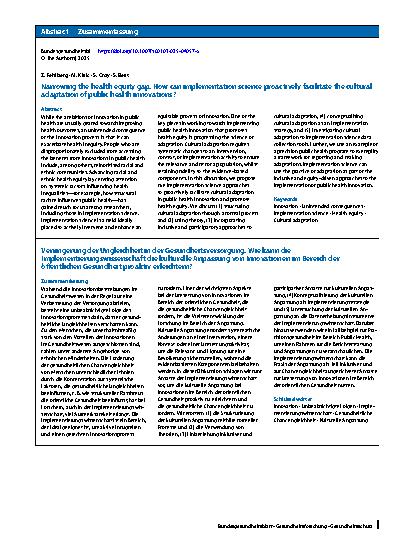 Vorschauseite 3: Narrowing the health equity gap. How can implementation science proactively facilitate the cultural adaptation of public health innovations?